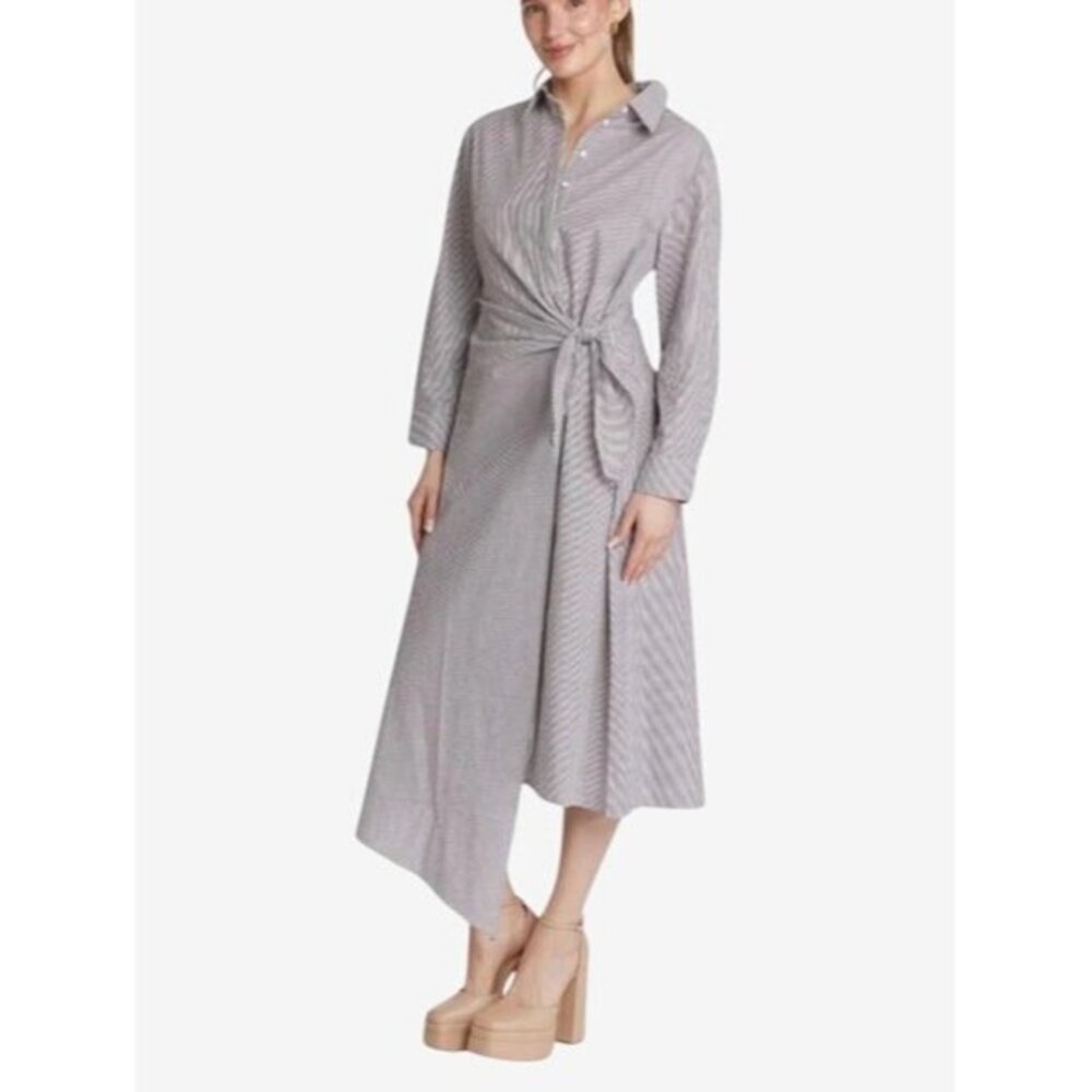 Taylor Tillman Samantha Dress M Brown Striped Cotton Long Sleeve Belted Midi
